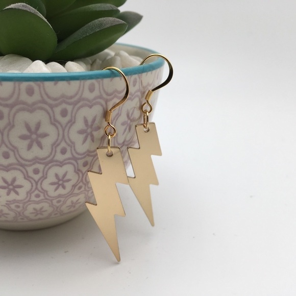 Gold Lightning Bolt Ziggy Stardust Earrings - Picture 4 of 7